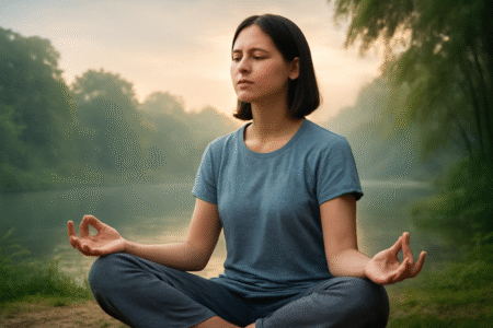 A peaceful meditation scene featuring a person sitting cross-legged in a serene environment, representing daily meditation for improved mental health.