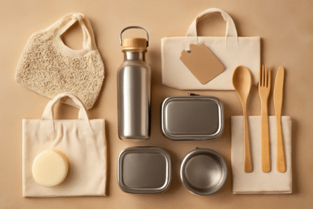 A variety of eco-friendly products, such as reusable bags, stainless steel containers, and organic cotton items, with a focus on budget-conscious choices.