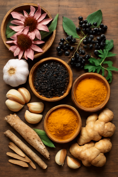 Herbal medicine for boosting immunity, showcasing herbs like Echinacea, Elderberry, Ginger, and more.