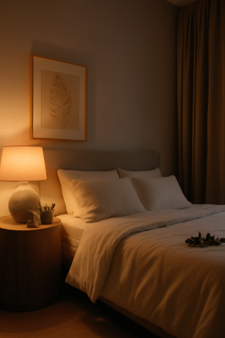 Peaceful bedroom setting symbolizing natural sleep remedies with calming colors and soft lighting