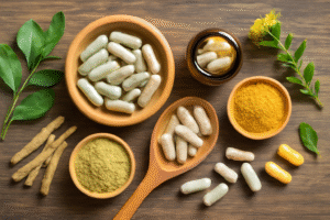 A collection of natural energy supplements, such as herbs, vitamins, and powders, placed on a wooden surface to represent natural energy supplements.