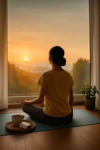 A calm and peaceful mindful morning routine with meditation and tea at sunrise