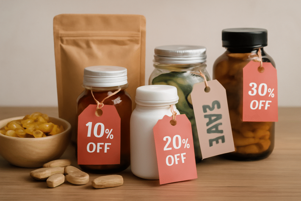 A collection of natural health products, including supplements and wellness essentials, with discount tags, illustrating ways to save on natural supplements without compromising quality.