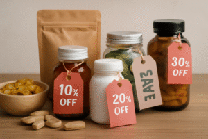 Smart Ways to Save on Natural Supplements Without Compromise A collection of natural health products, including supplements and wellness essentials, with discount tags, illustrating ways to save on natural supplements without compromising quality.