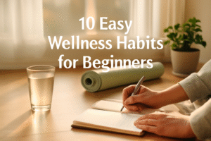 A calm and balanced scene showing wellness habits for beginners like drinking water, journaling, and light exercise
